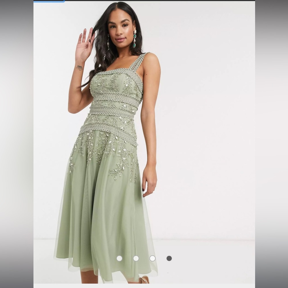 ASOS DESIGN midi skater dress with lace trim and delicate leaf embellishment